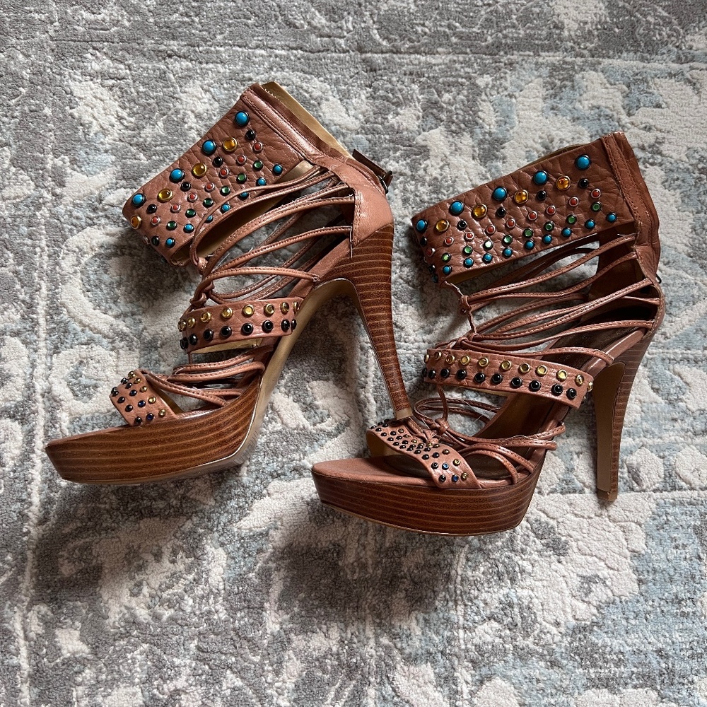 Nine West Tan Leather Multicolor Studded Ankle Strap Zipper